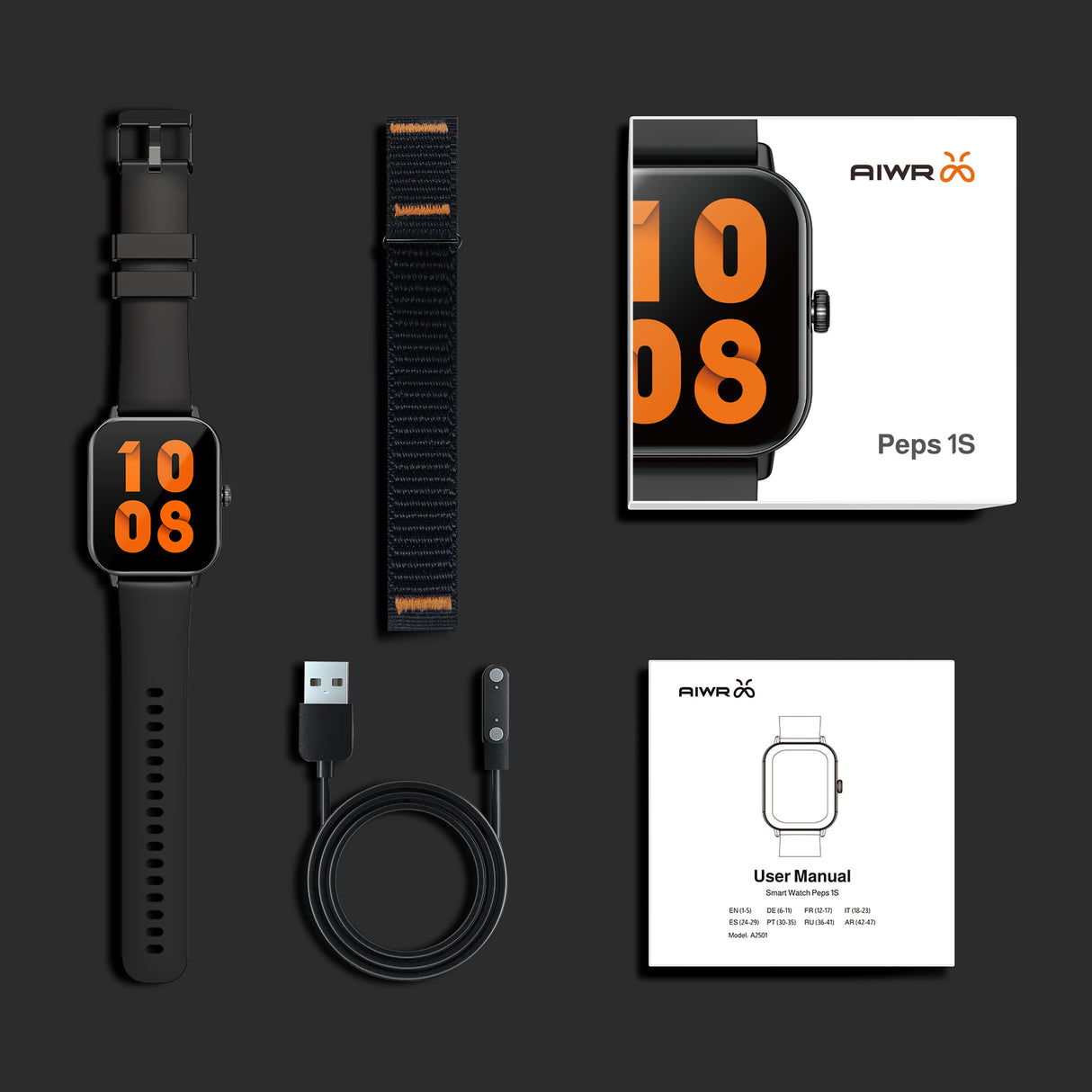 AIWR smart watch, Black Color - Peps 1S Black