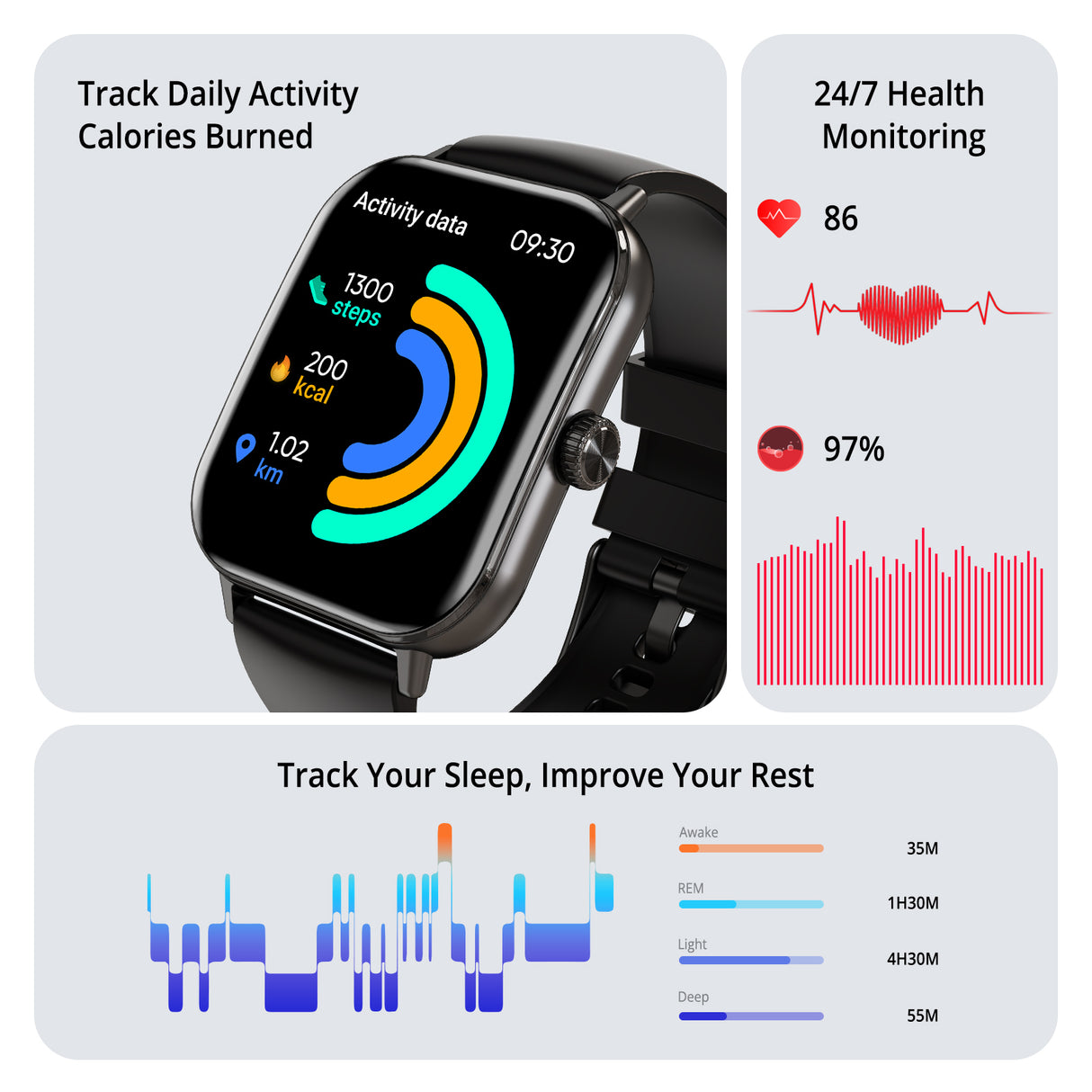 AIWR smart watch, Black Color - Peps 1S Black