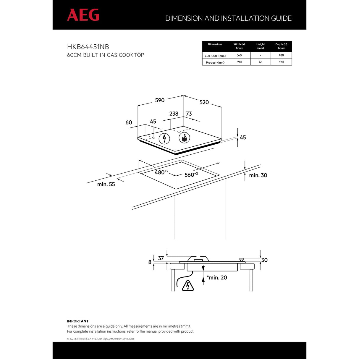 AEG Built-in Gas hob, Black Glass, 60 cm - HKB64451NB