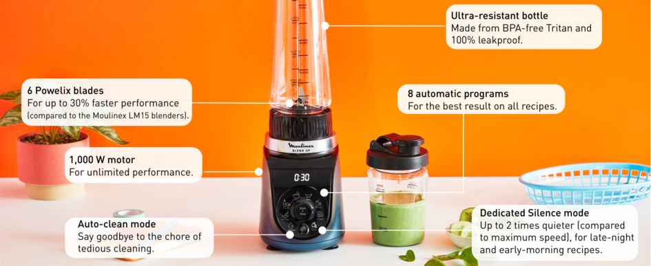 MOULINEX Blend Up, Powerful Mini Blender, 1000 W, 8 Automatic Programs - LM19H4M0