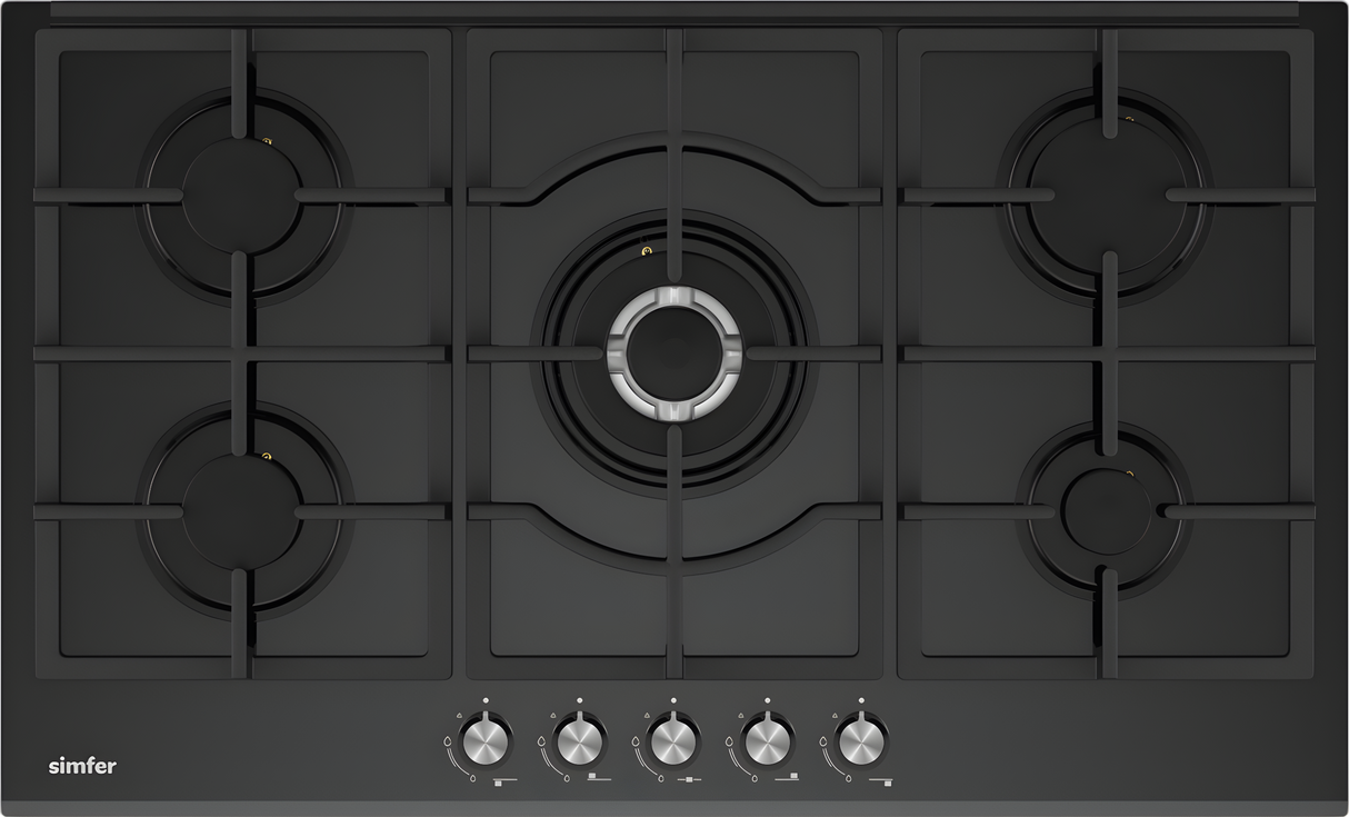 Simfer - Built-in Gas hob, 5 gas burners, Black Glass, 90cm - SMFBHGTR90