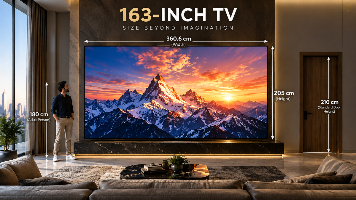 TCL MAX163M 163-inch television shown alongside an adult and a standard door for scale